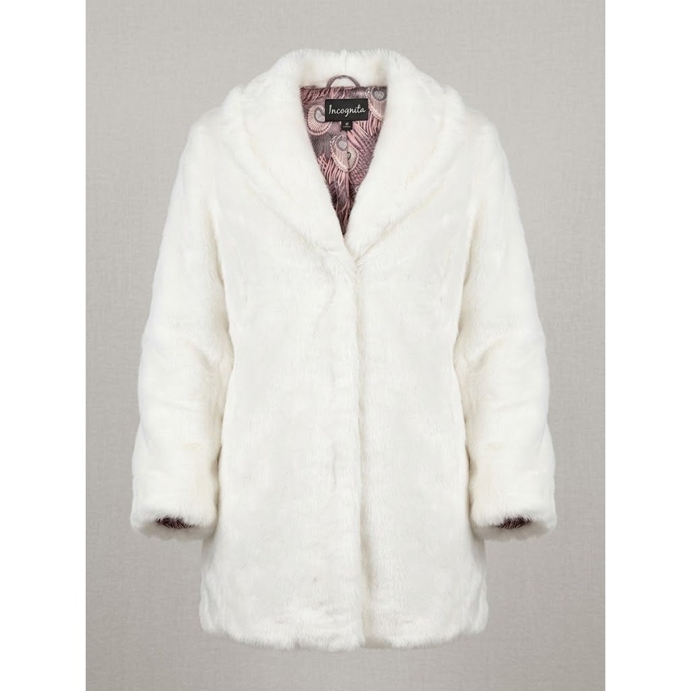 Pristine Incognita Womens White Faux Fur Coat Shawl Collar Peacock Lining Size M